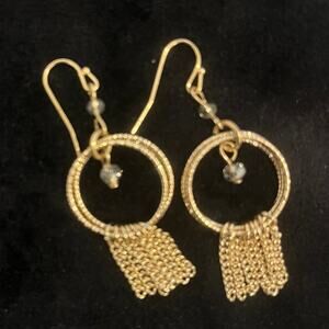 Golden Shiny Textured Circle Tassel Dangle Hoop Earrings